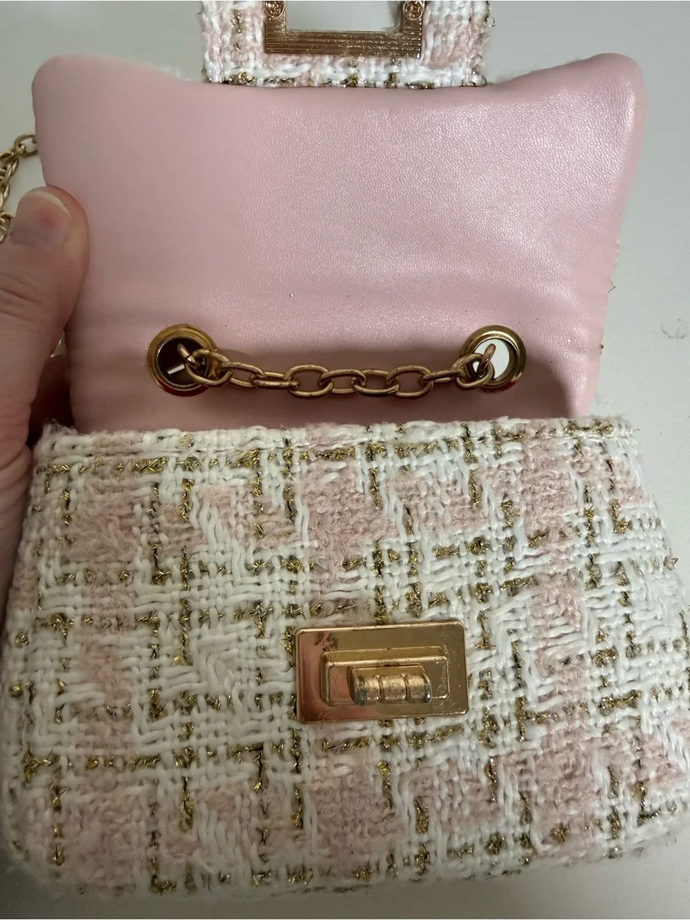 Pink Tweed Mini Crossbody Bag Gold Chain Camellia Flower Turn Lock Purse